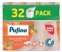 Toalettpapír, 3 rétegű, kistekercses, 32 tekercs, PUFINA "Delicate Peach", barack illattal